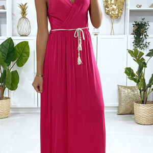 Longue robe croisé en marine avec ceinture en cordon