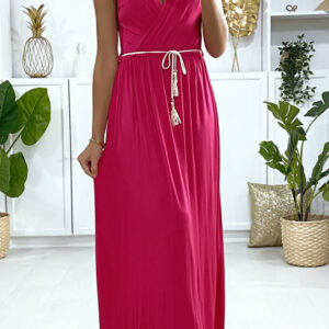 Longue robe croisé en fuchsia avec ceinture en cordon
