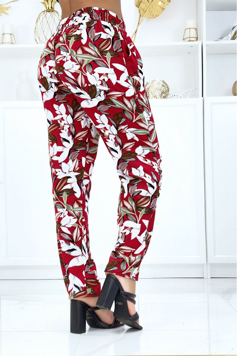 Pantalon rouge à feuillage, fluide élastique à la taille
