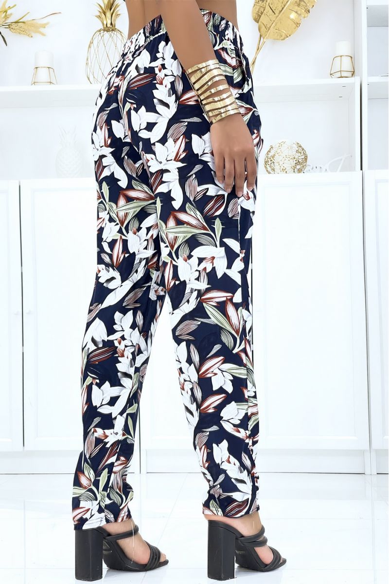 Pantalon marine à feuillage, fluide élastique à la taille