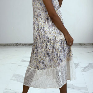 Robe longue fluide à imprimé floral bleu détails broderie ajourée